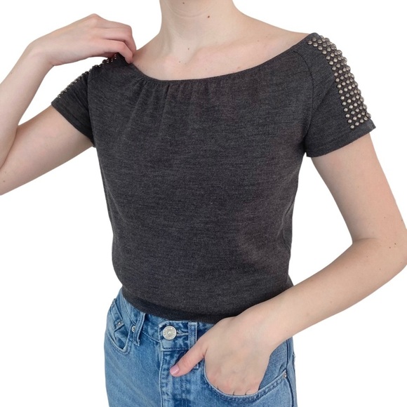 Alberta Ferretti Sweater Womens Size 2 XS Cropped Studded Virgin Wool Made Italy - Picture 1 of 14